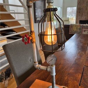 Industrial Pipe Table Lamp with Black Cage and Red Valve Accent